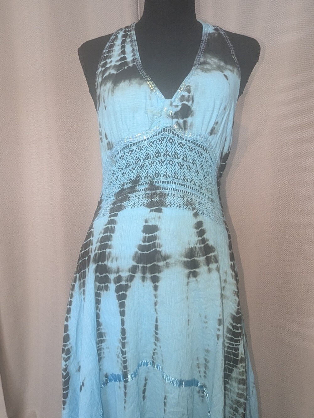 Light Blue Tie-Dye Halter Maxi Dress with Crochet Waist